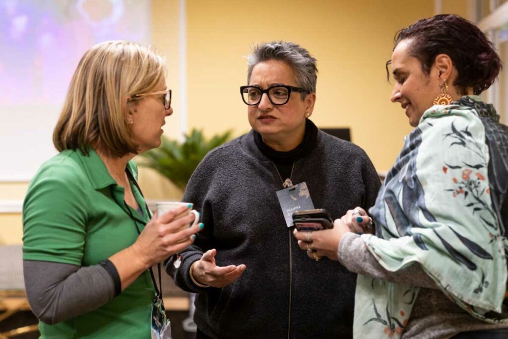 Theresa Fyffe and Larissa Hale (Queensland Indigenous Womens Ranger Network) speak to Shamina Singh (Mastercard Center for Inclusive Growth)