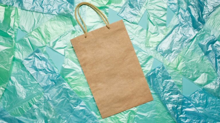 Paper bag on top of plastic bags
