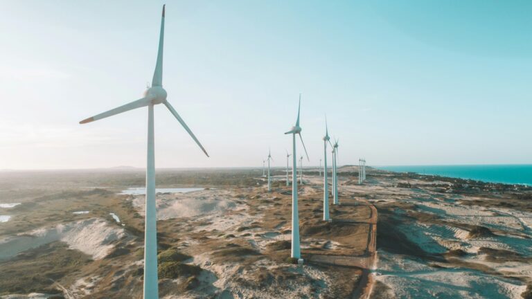 wind turbines next to coastal town - Pedro Henrique Santos, Unsplash