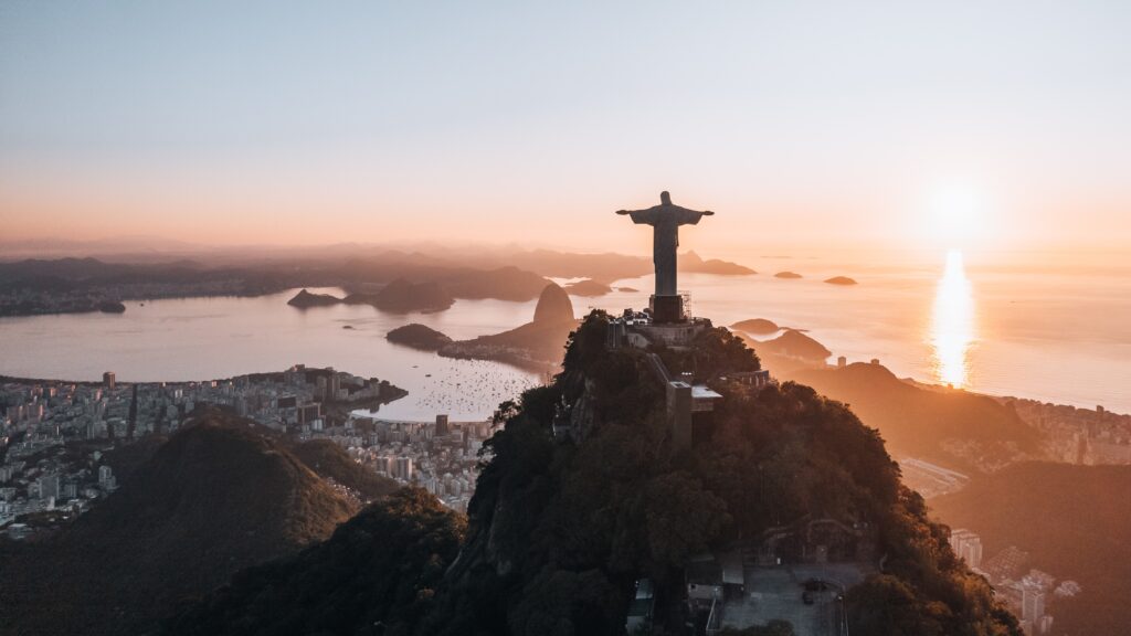Aerial View of Christ de Redeemer during sunrise in Rio de Janeiro, Brazil
